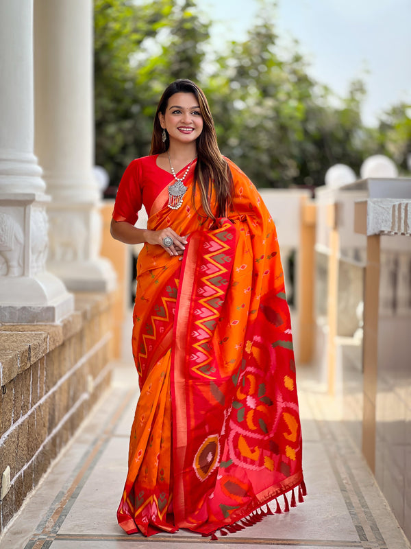 Orange Color Patola Weaving Border Silk Saree