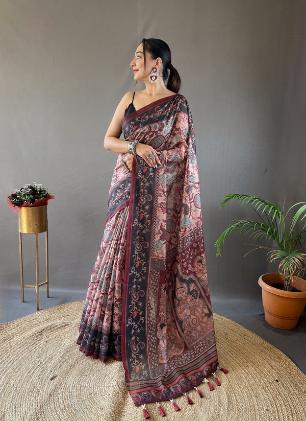 Stylish Digital Print With Beautiful Pallu Peach Color Saree