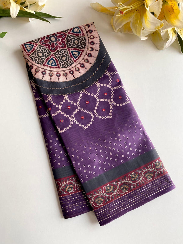 Delightful Bandhani Print With Work Purple Color Saree