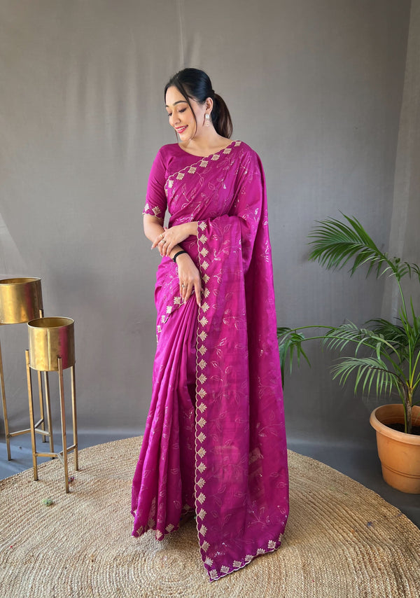 Ready To Wear Sequence With Cut Work Pink Color Saree