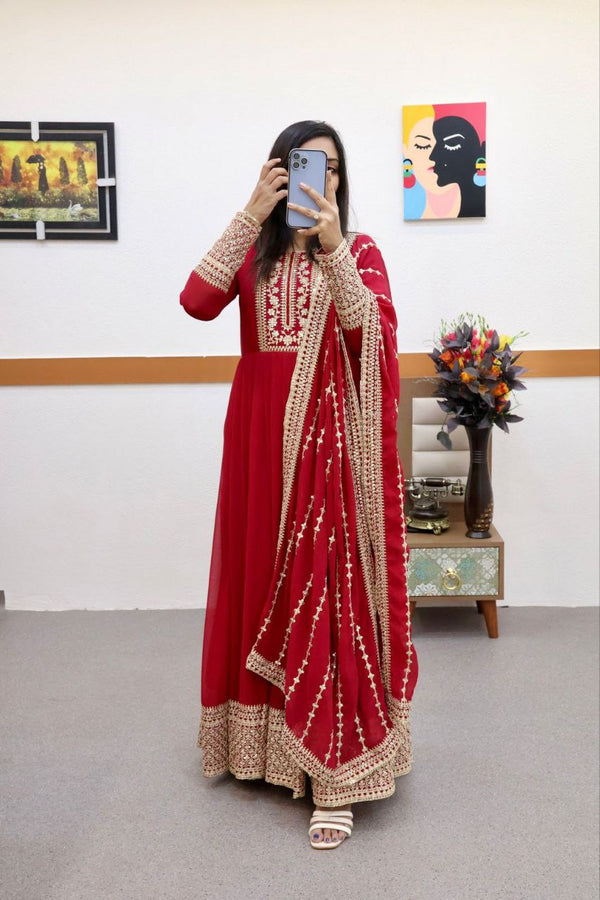 Luxuriant Red Color Embroidery Work Gown