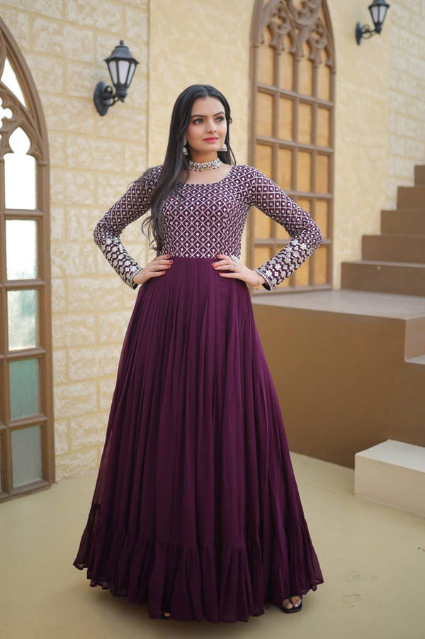 Frill Stitch Wine Color Embroidered Work Gown