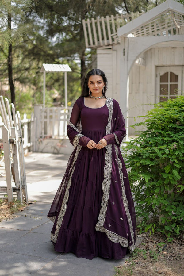 Precious Wine Color Ruffle Flare Gown With Heavy Dupatta