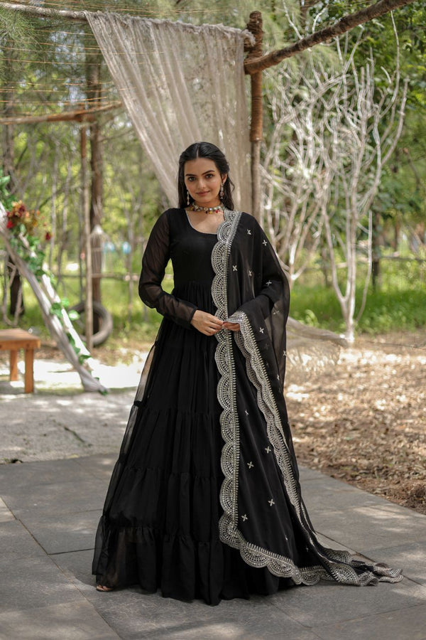 Precious Black Color Ruffle Flare Gown With Heavy Dupatta