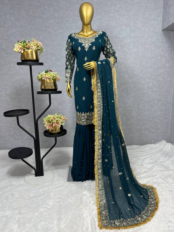 Teal Blue Lovely Embellished Sequence Sharara Suit