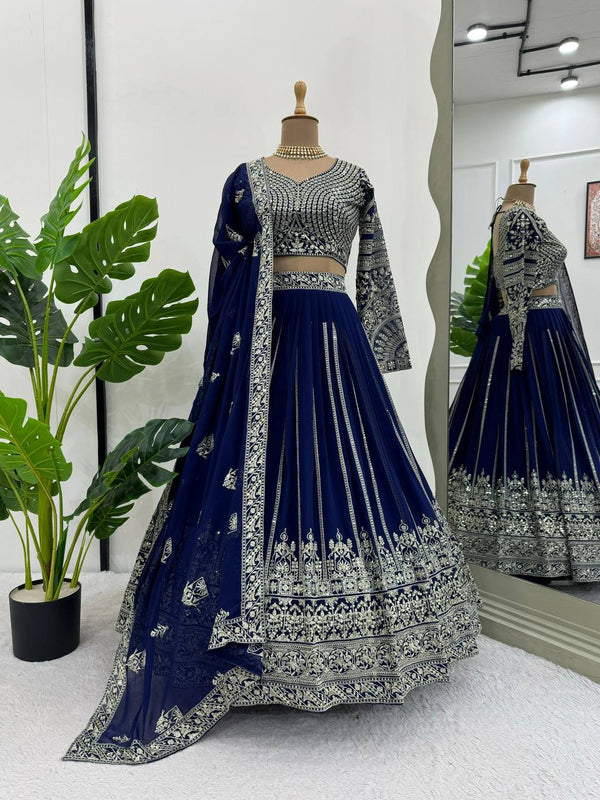 Pattern Wedding & Party Wear Thread With Sequence Work Blue Color Lehenga choli