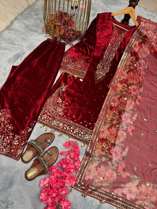 Festive Wear Velvet Red Color Sequence Work Suit