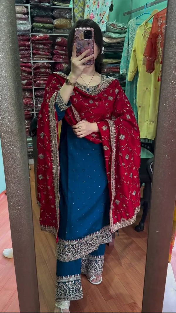 Function Wear Embroidered Work Blue Color Salwar Suit