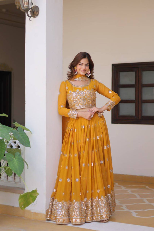 Function Wear Sequence Work Yellow Color Lehenga Choli