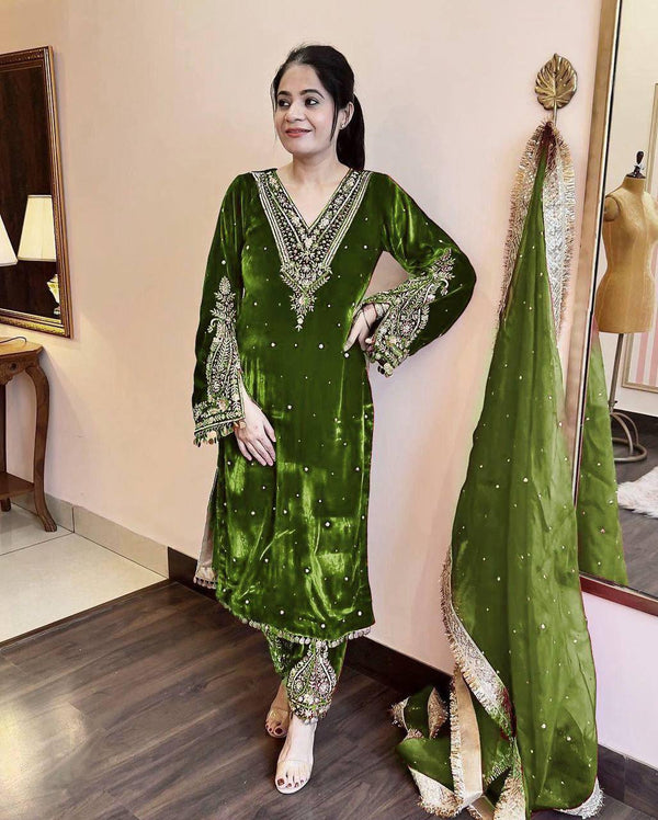 Fabulous Green Color Velvet Sequence Work With Rivet Moti Work Suit
