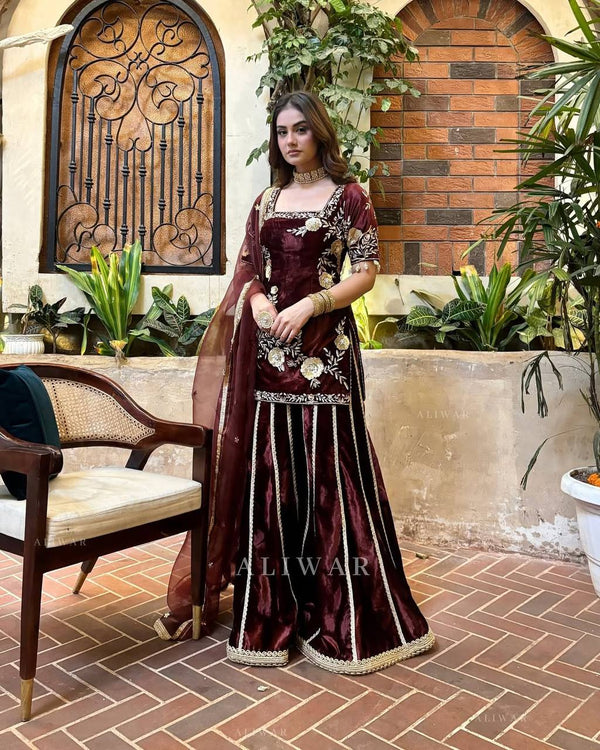 Elegant Velvet Maroon Color Sequence Work Sharara Suit