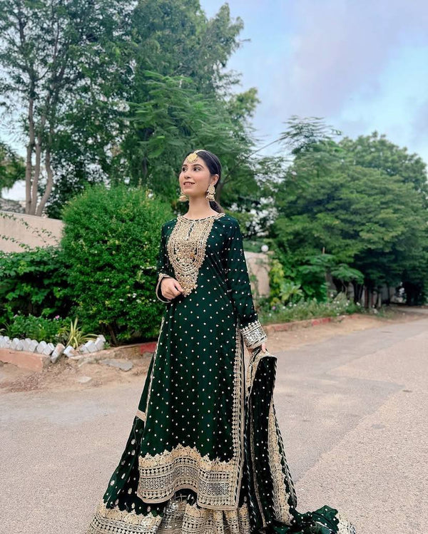 Designer Embroidery WIth Sequence Work Green Sharara Suit