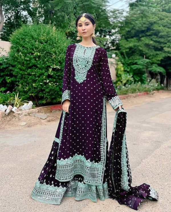 Designer Embroidery WIth Sequence Work Wine Sharara Suit