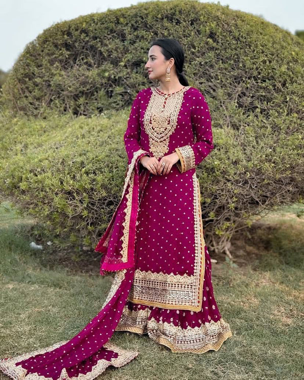 Designer Embroidery WIth Sequence Work Pink Sharara Suit