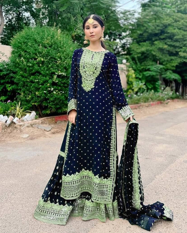 Designer Embroidery WIth Sequence Work Navy Blue Sharara Suit