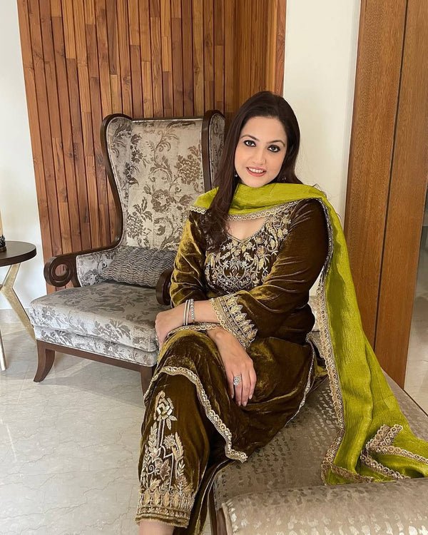 Fantastic Velvet Embroidery Work Mehndi Colour Kurti Set
