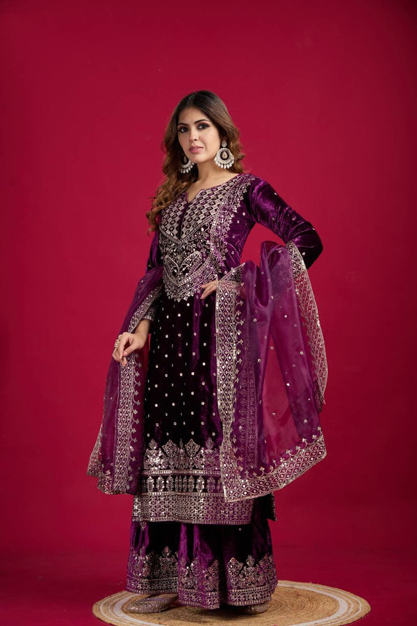 Fashionable Sequence Work Purple Color Top With Plazzo Suit