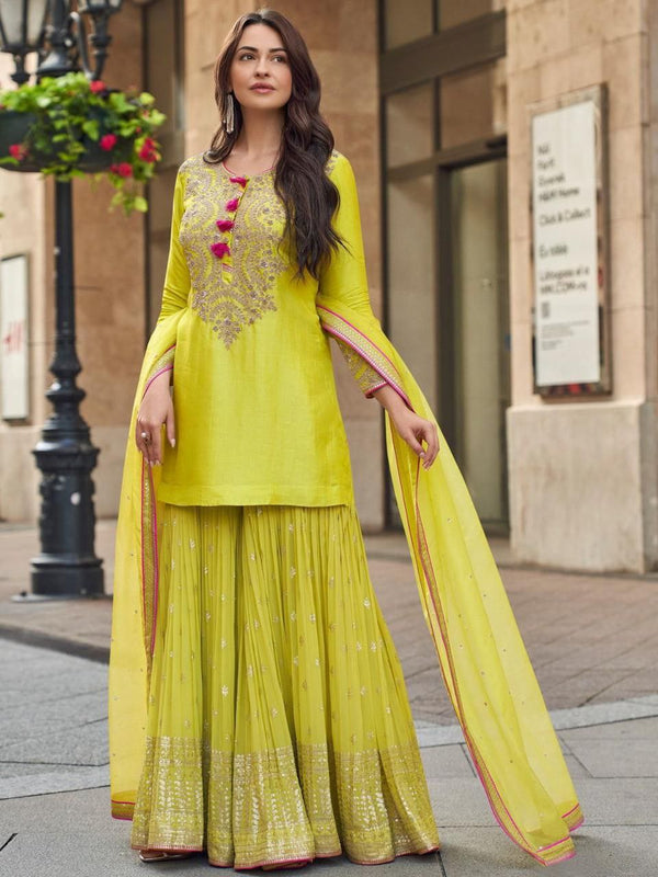 Occasion Wear Georgette Sequence Work Yellow Color Sharara Suit