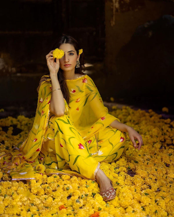 Yellow Color Haldi Wear Floral Printed Sharara Suit