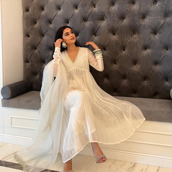 Gorgeous Embroidery Work White Color Gown