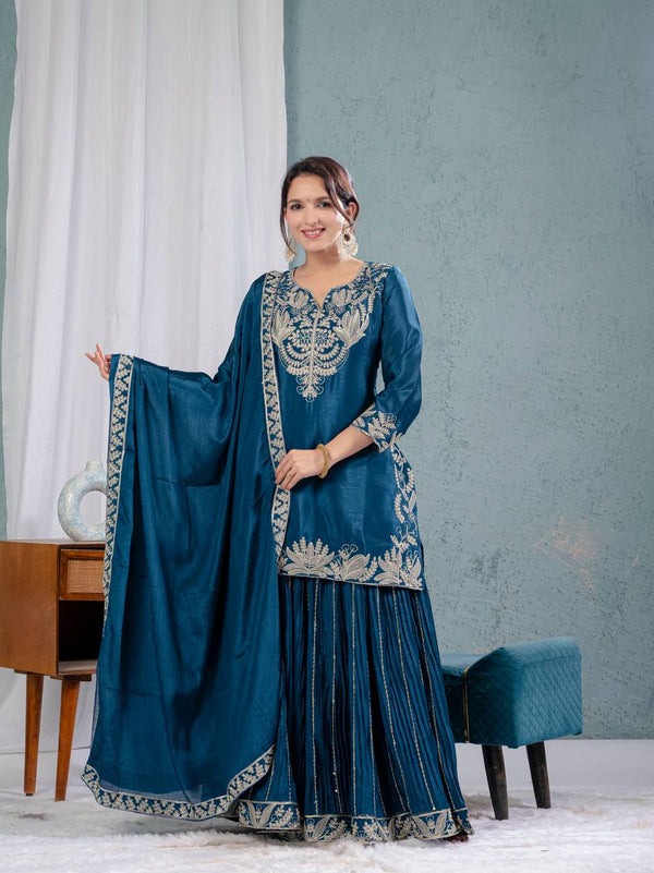 Glimmering Chinnon Silk Sequence Work Teal Blue Color Sharara Suit
