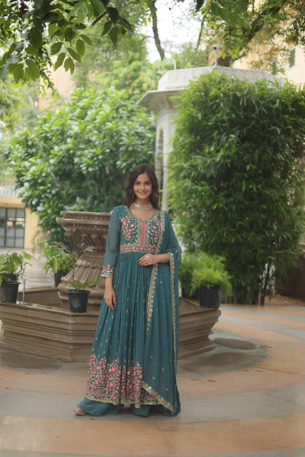 Wonderful Georgette Teal Blue Color Kurti With Sharara Suit
