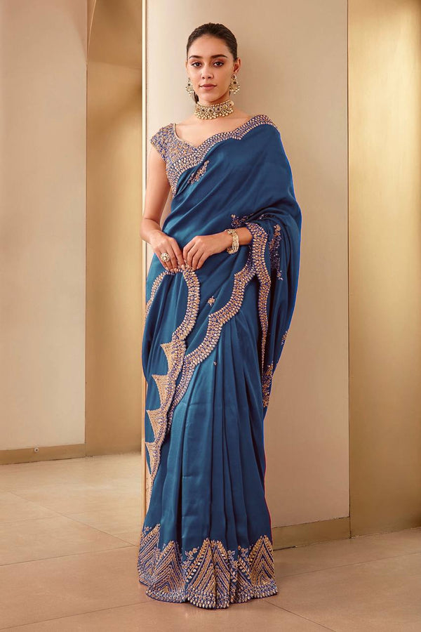 Shining Embroidery Work Aque Blue Color Saree