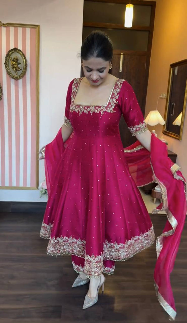 Glimmering Vichitra Silk Pink Color Anarkali Suit