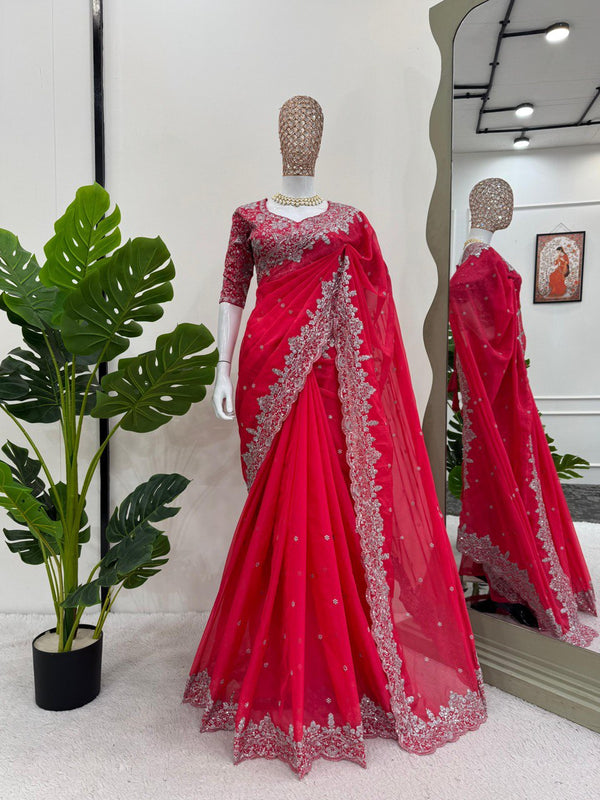 Preferable Thred & Sequnce Work Pink Color Saree