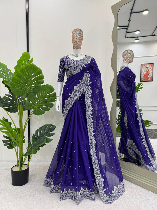Preferable Thred & Sequnce Work Blue Color Saree