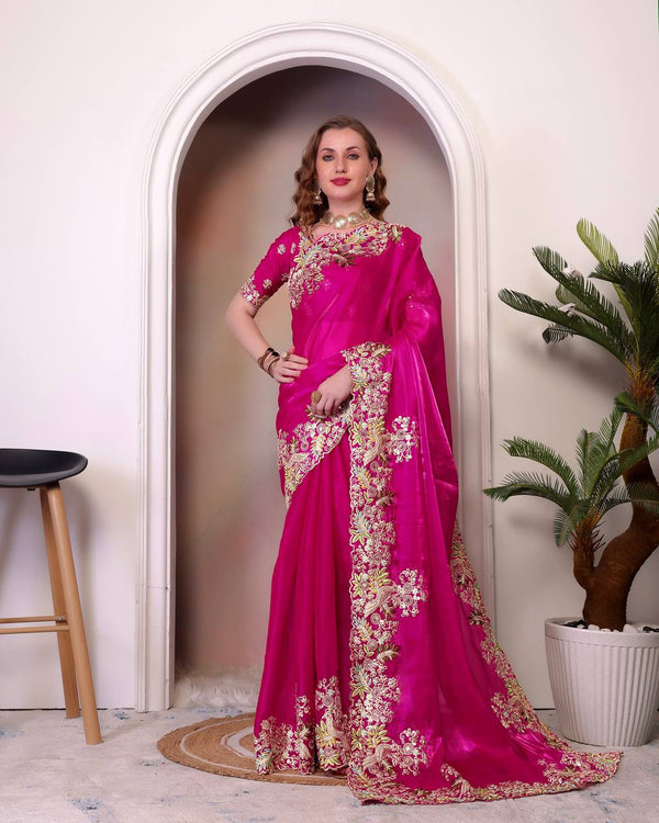 Pattern Wedding & Party Wear Heavy Embroidery Pink Color Saree