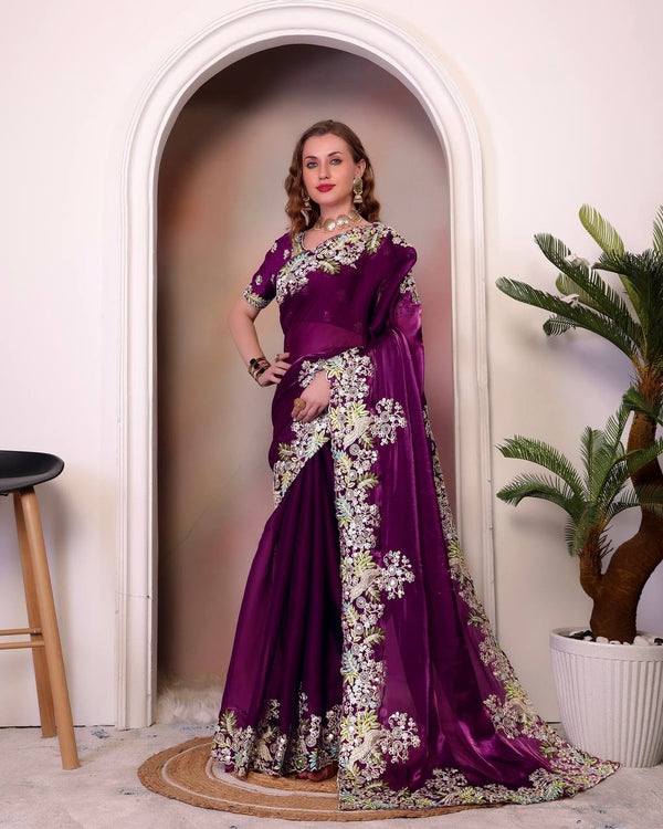 Pattern Wedding & Party Wear Heavy Embroidery Maroon Color Saree