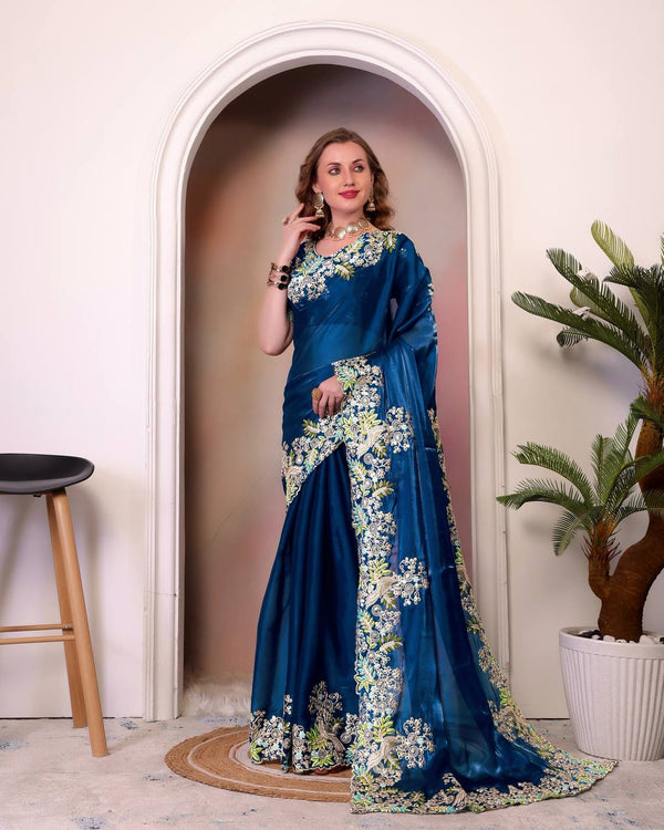 Pattern Wedding & Party Wear Heavy Embroidery Blue Color Saree