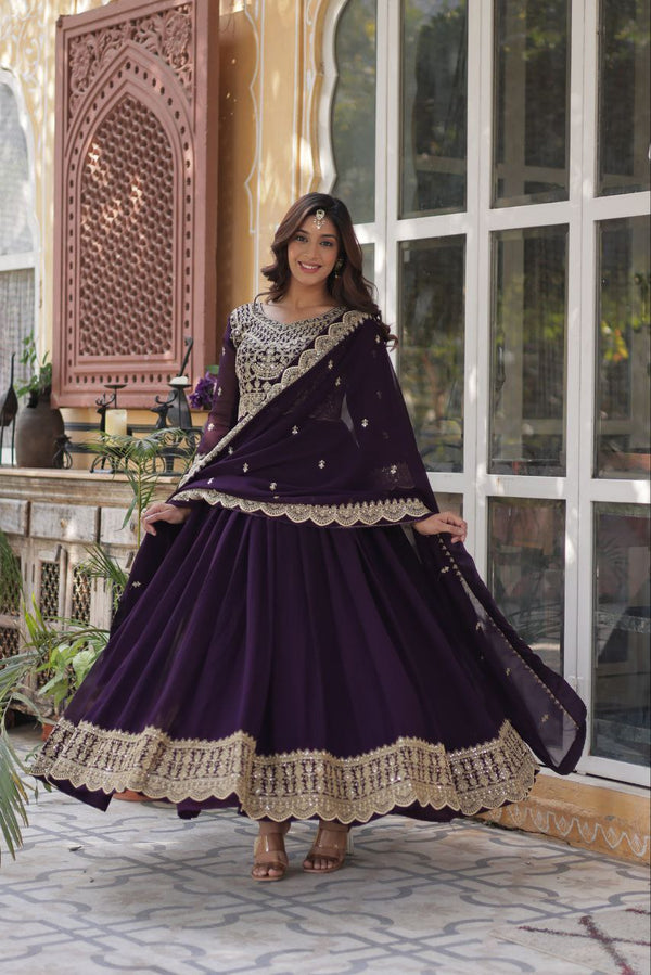 Glossy Zari Sequins Work Purple Color Gown