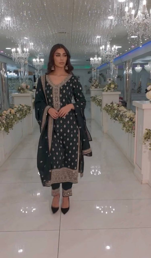 Marvelous Sequence Work Green Color Top Bottom With Dupatta