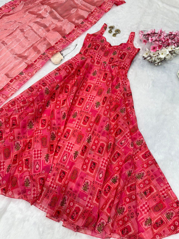 Outstanding organza Silk Red Color Anarkali Gown