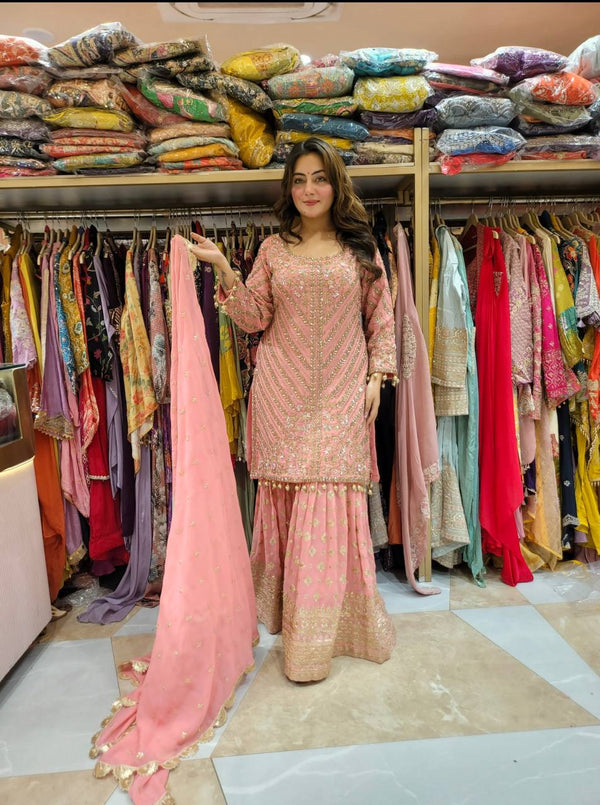 Elegant Georgette Sequence Work Peach Color Sharara Suit