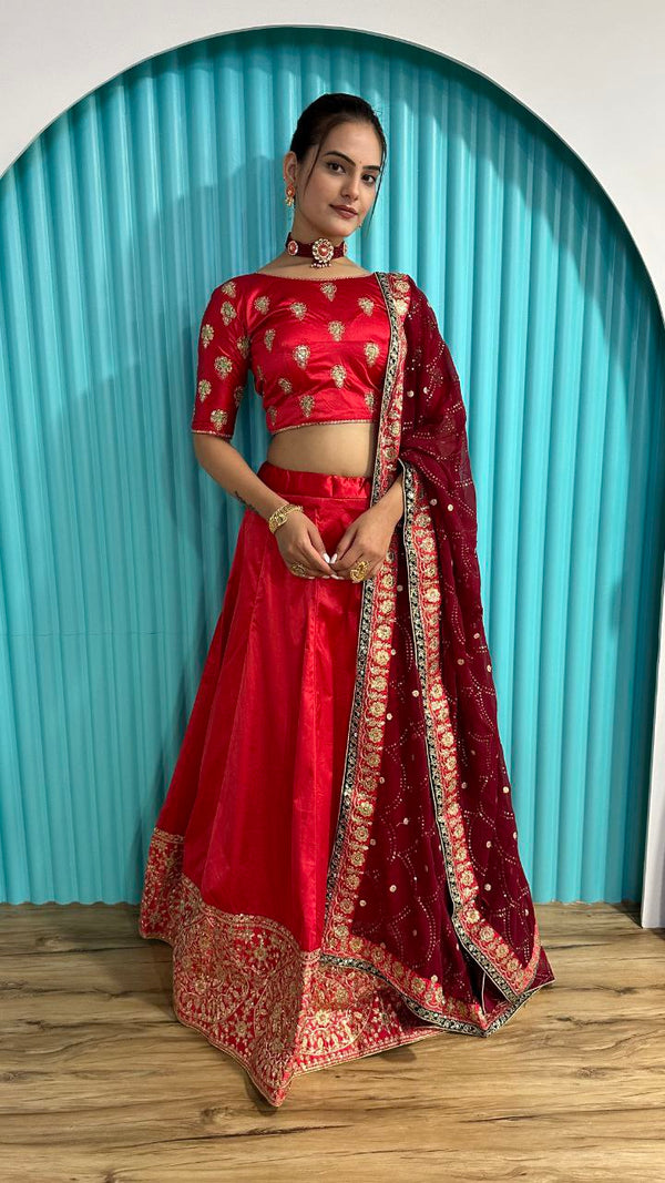 Mesmerizing Red Color Zari And Sequins Work Lehenga Choli