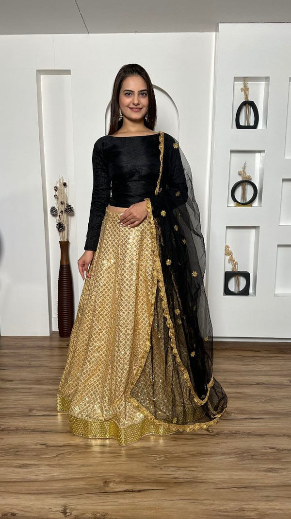 Wonderful Kasturi Silk Golden Color Lehenga With Black Color Blouse