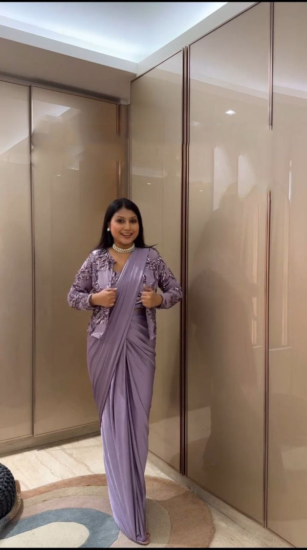 Preferable Embroidery Sequins Work Lavender Color Ready To Wear Saree
