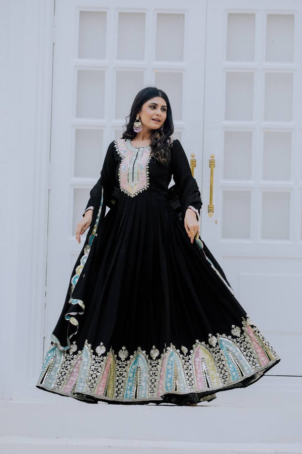 Classic Sequence Work Chinon Silk Black Color Gown