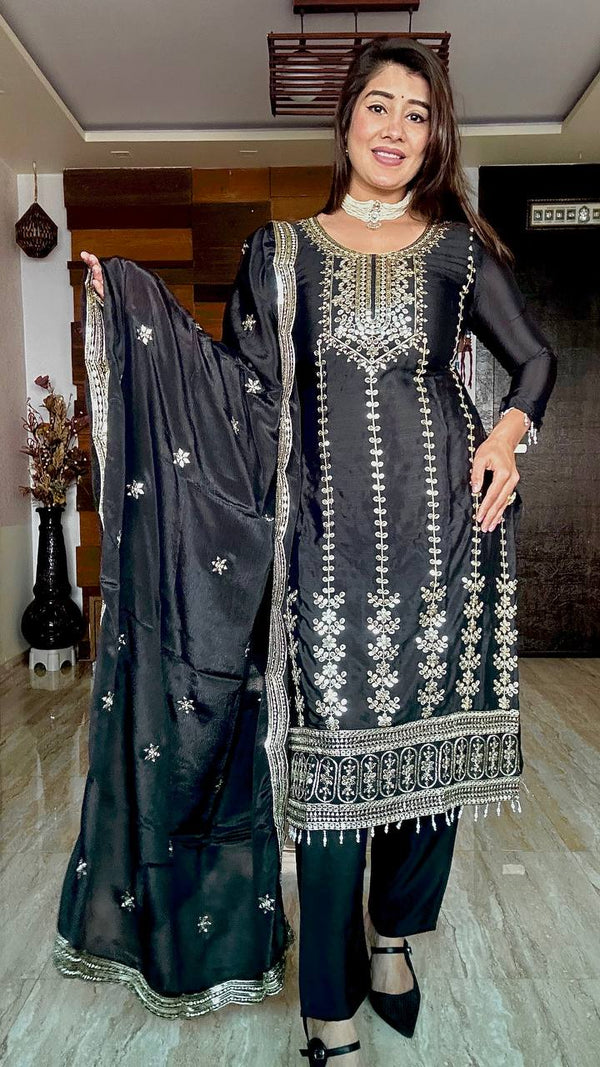 Eyes Catching Cinon Silk Black Color Salwar Suit