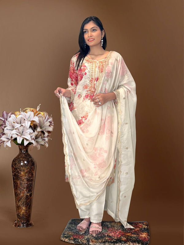Flattering Sequence Heavy Stone Mirror Hand Work White Color Palazzo Suit