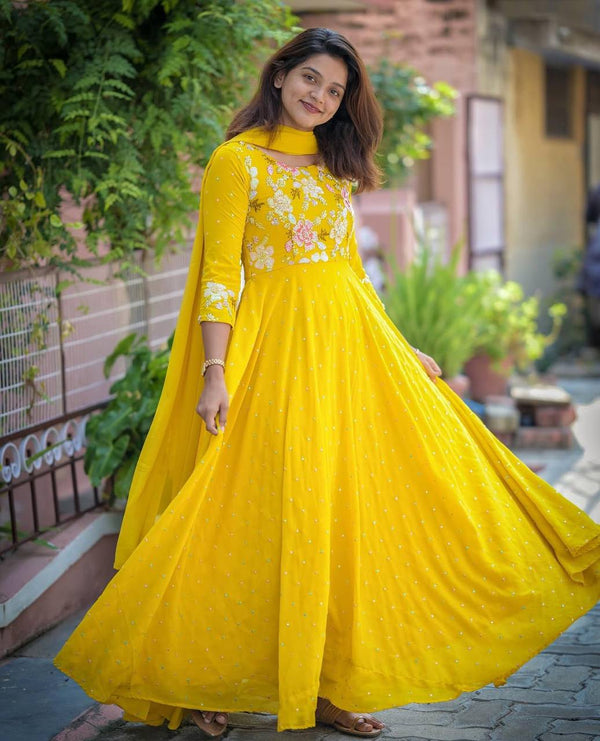 Glorious Georgette Sequence Work Yellow Color Gown
