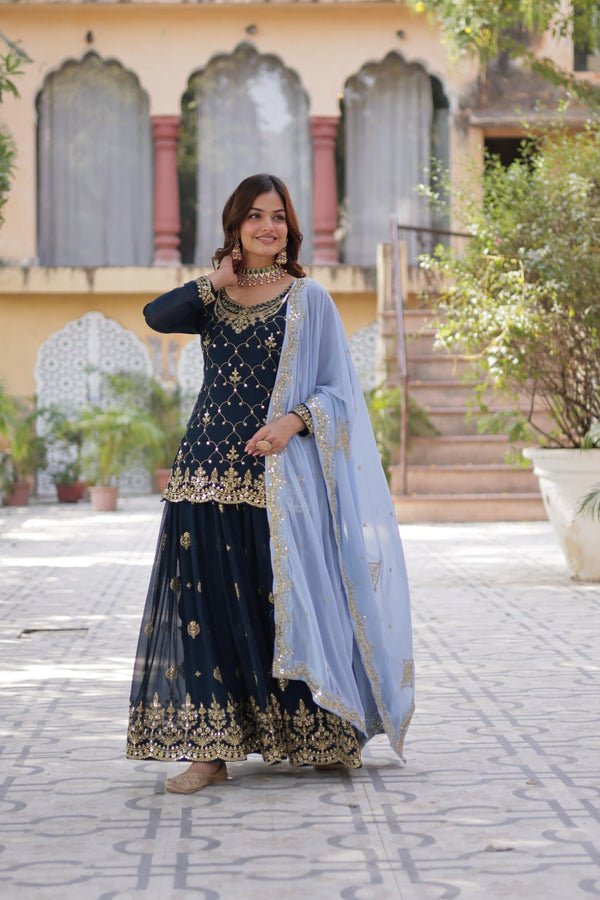 Presenting Embroidery Zari Sequins Work Rama Color Gown With Dupatta