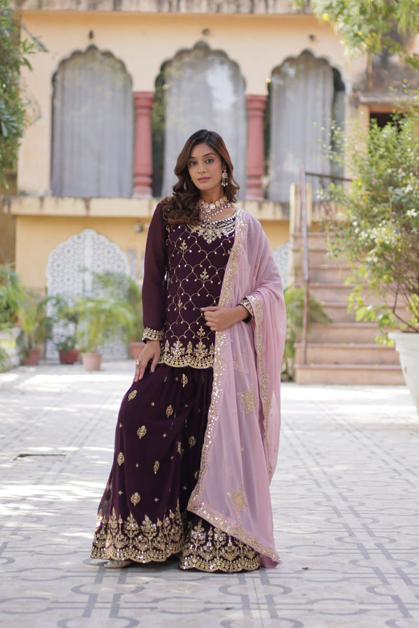 Good Looking Sequins Embroidered Work Maroon Color Sharara Suit