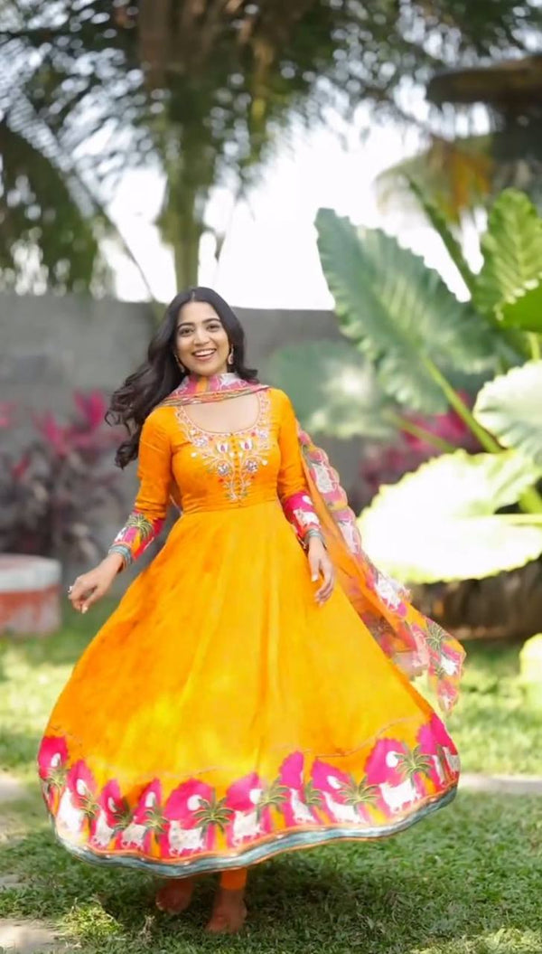 Fabulous Kalamkari Print Yellow Color Gown With Dupatta