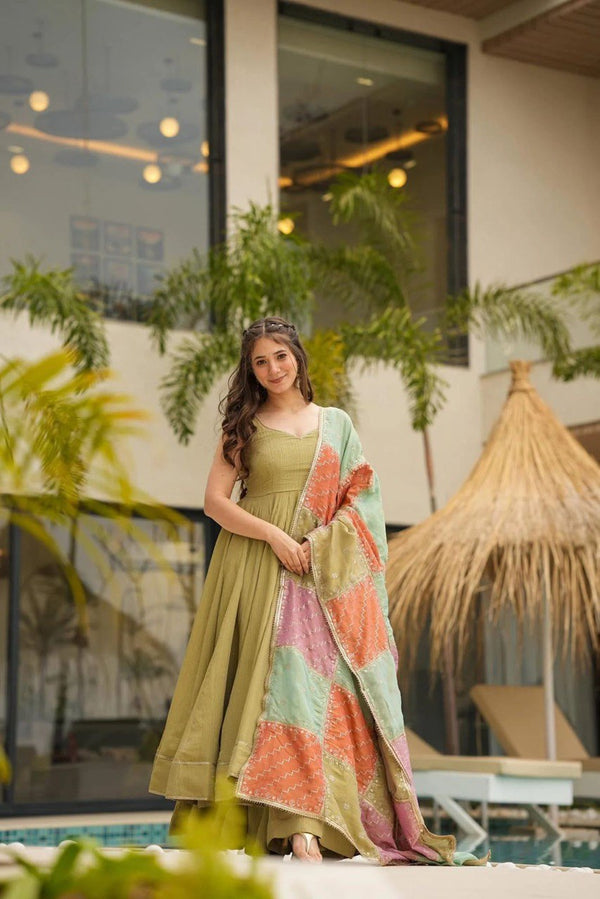 Classic Green Color Chinnon Silk Long Anarkali Suit