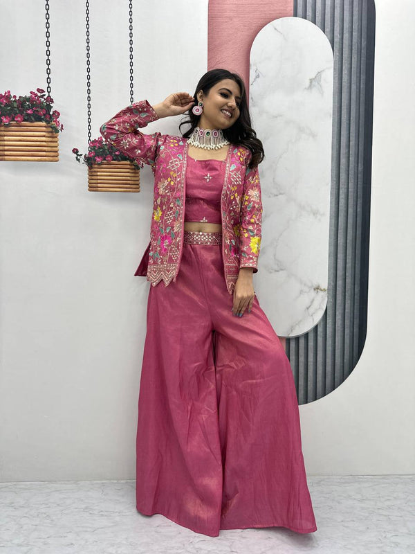 Glorious Tissue Simmer Pink Color Palazzo Suit With Shrug