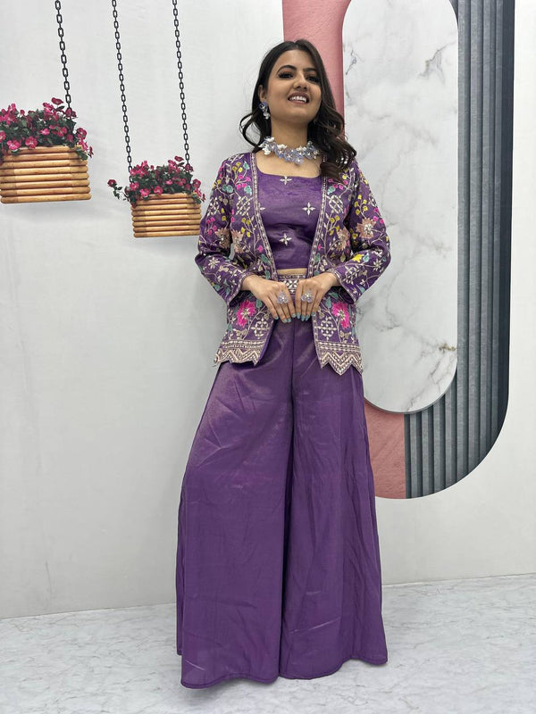 Glorious Tissue Simmer Purple Color Palazzo Suit With Shrug